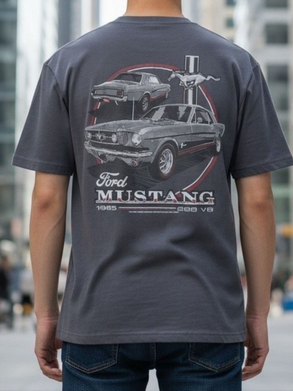 Ford Graphic Mustang 1965 289 V8 Gray Tee Red White Accents Medium Classic